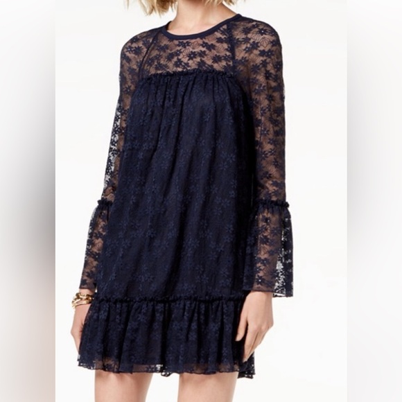 Michael Kors Long Sleeve Lace Ruffle Dress Blue Navy BabyDoll Plus Size 0X- XXL - Picture 1 of 11